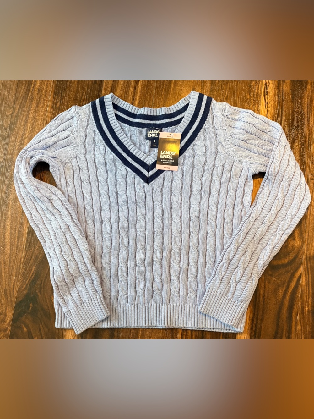 Lands' End Light Blue Cable Knit V-Neck Sweater